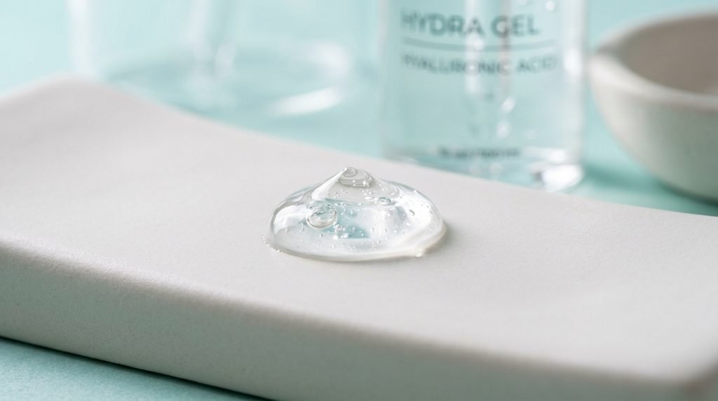 Close-up view of a clear liquid skincare serum droplet resting on a smooth surface.