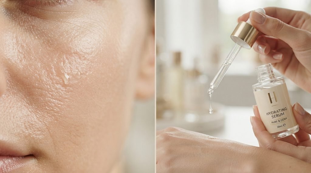 Macro close-up of skin texture next to a cosmetic dropper dispensing serum