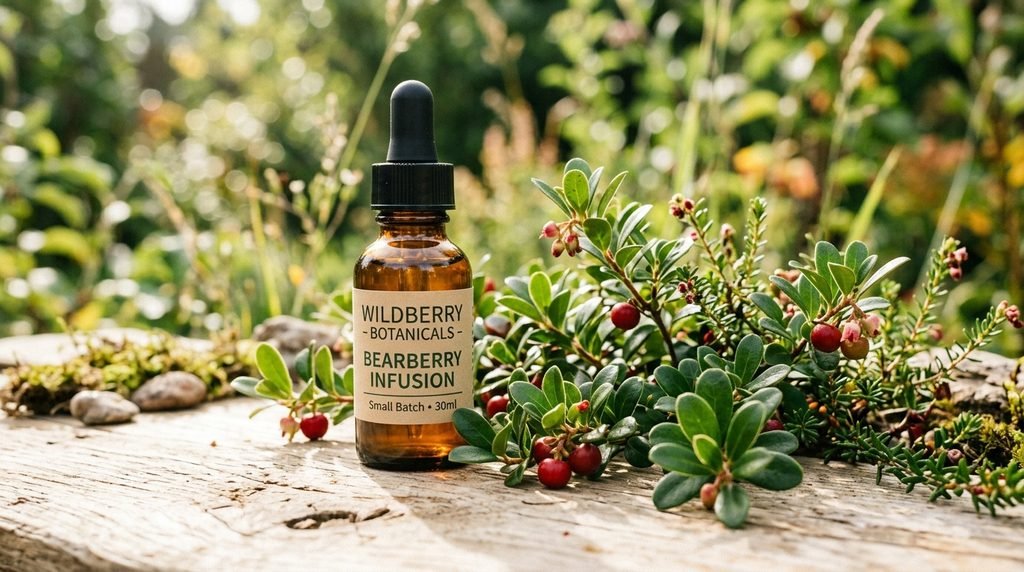 Dropper bottle next to green bearberry botanical leaves on light wood.