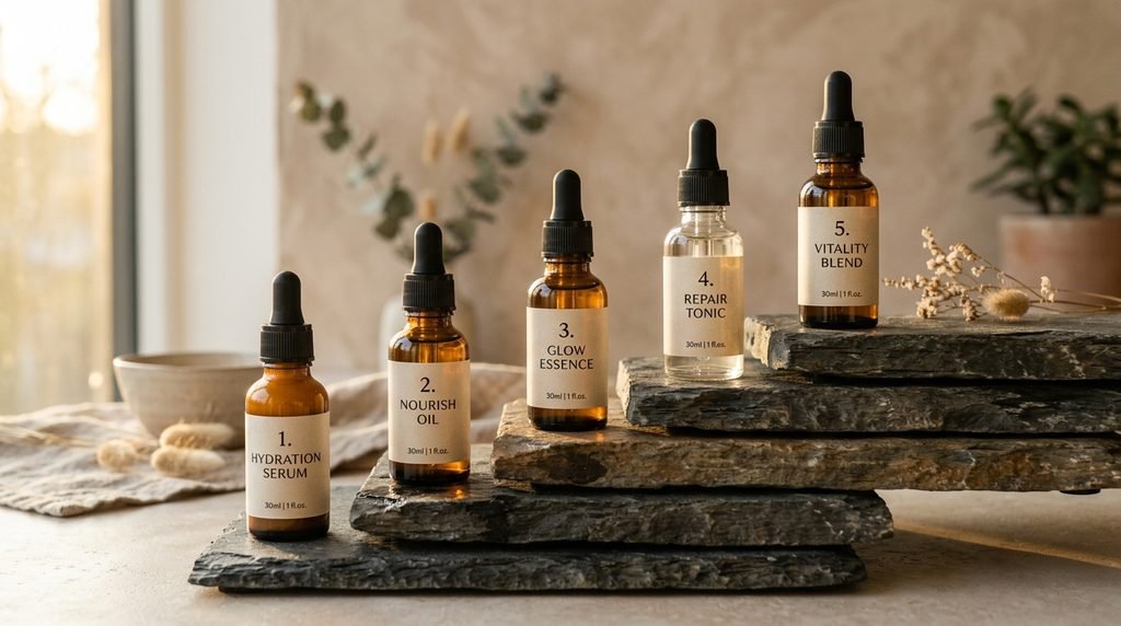 Five skincare bottles sitting on stepped slate platforms in soft natural light,