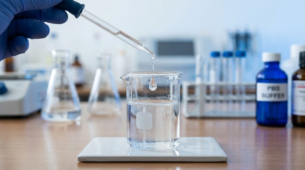 Glass dropper dispensing a clear liquid drop into a laboratory beaker,
