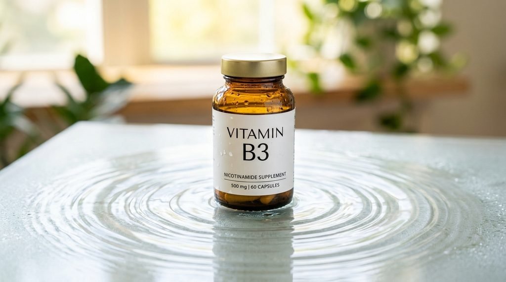 Glass skincare bottle on a frosted surface surrounded by subtle water ripples,