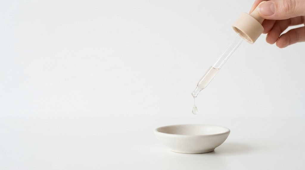 A single glass dropper releasing a precise droplet of active serum in a clean minimalist setting.
