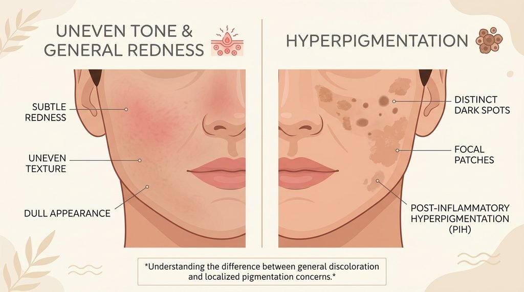 Educational diagram contrasting general uneven skin tone with localized hyperpigmentation spots.