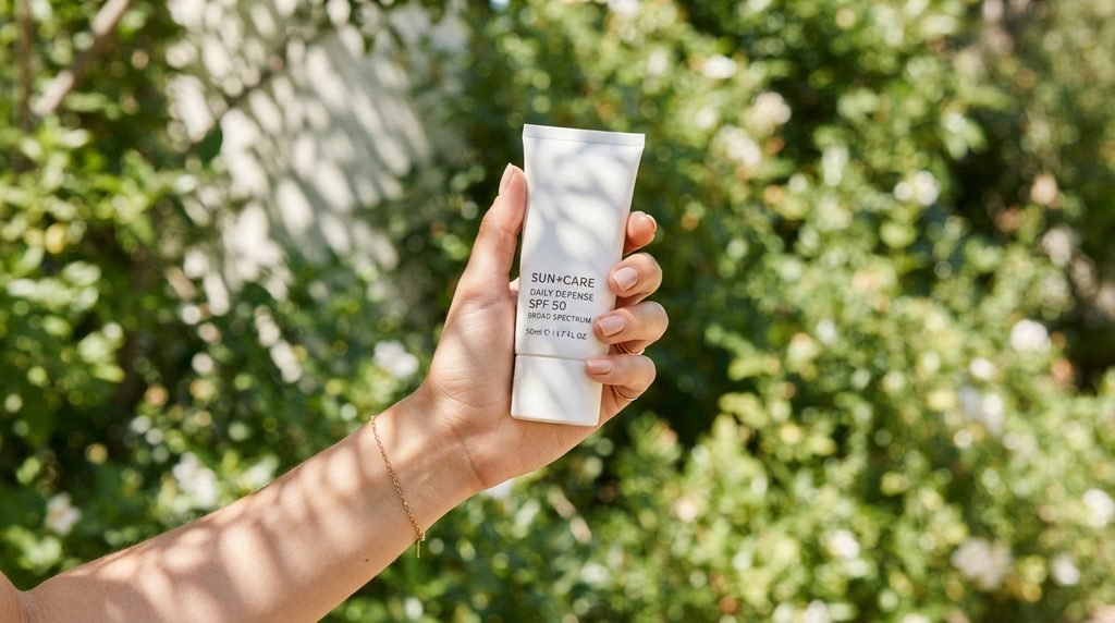 Hand holding a white sunscreen tube against a sunlit background with leaf shadows