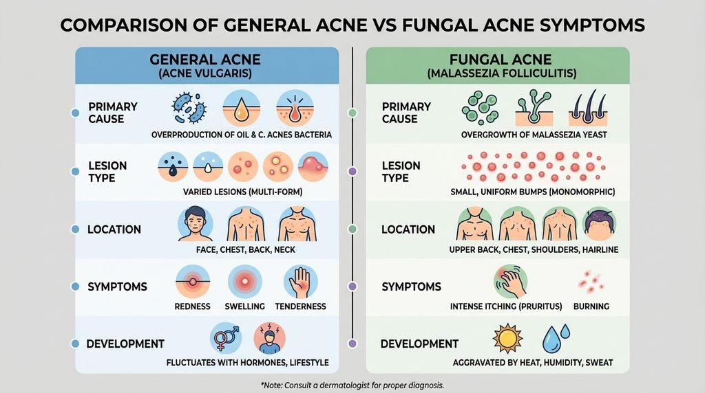 Side-by-side comparative visual chart displaying characteristics of bacterial and fungal acne.