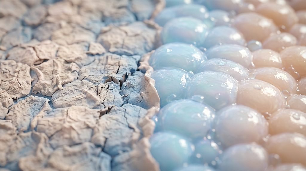 Conceptual macro illustration comparing uneven dry skin cells with smooth hydrated cells.