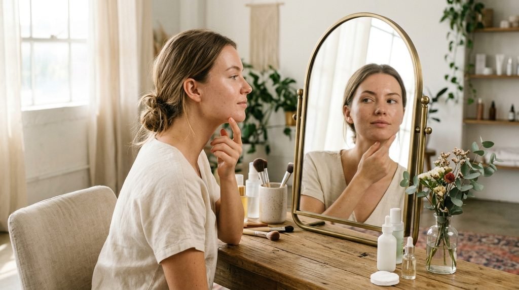 Woman looking at skin texture in a vanity mirror in soft natural sunlight.