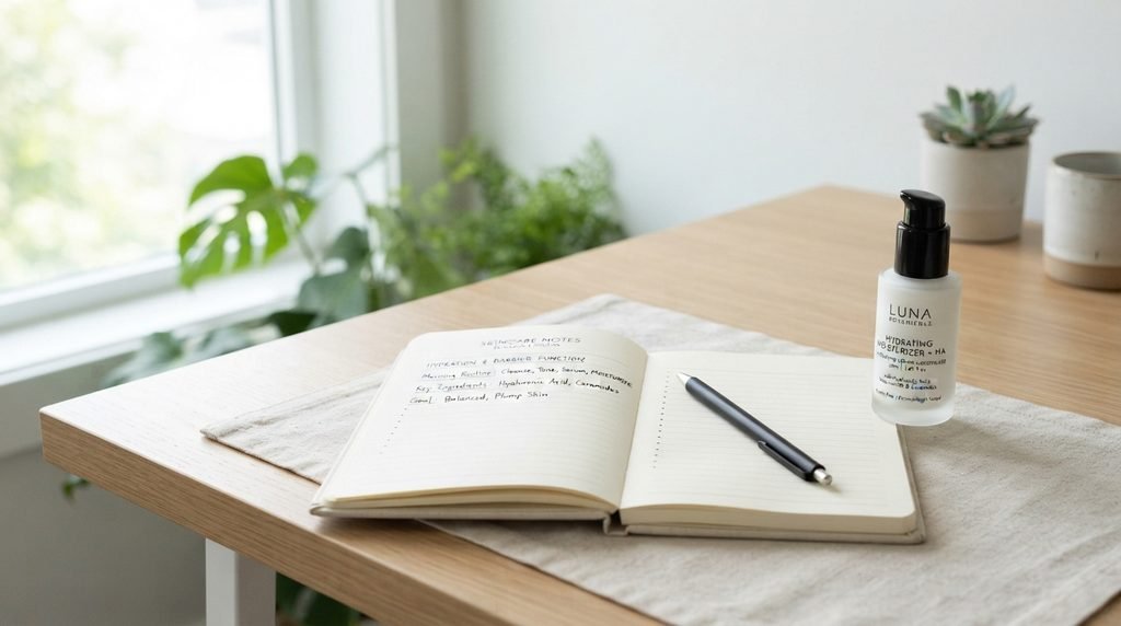 Notebook and skincare product on a brightly lit wooden table.