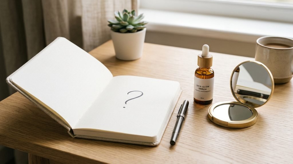 Minimalist notebook with question mark symbol next to a serum bottle