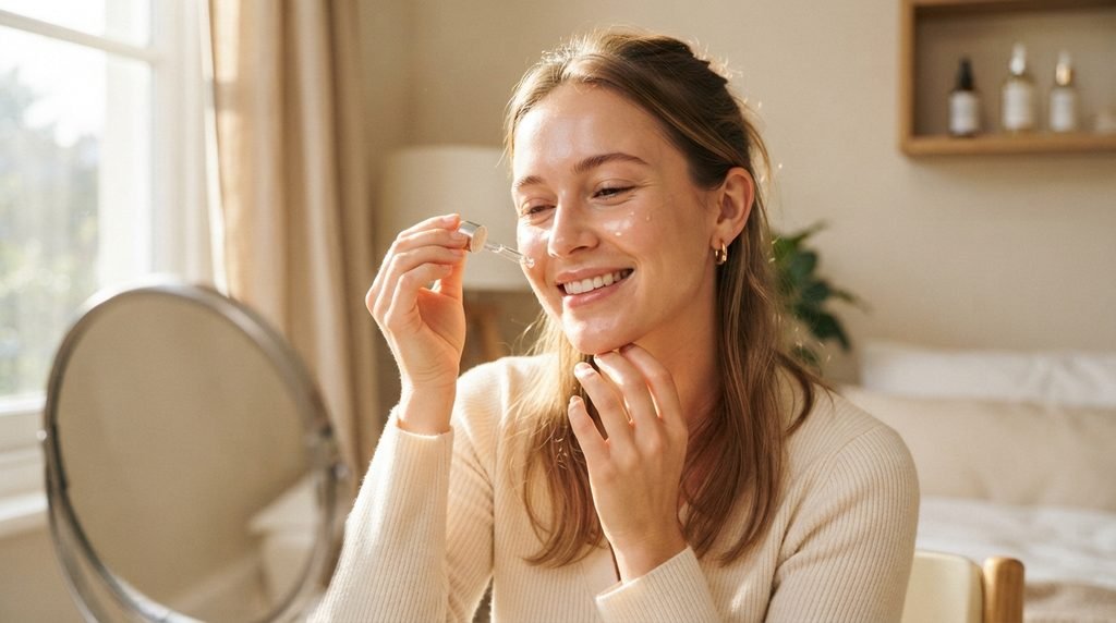 Person applying facial serum under soft natural sunlight in a bright room