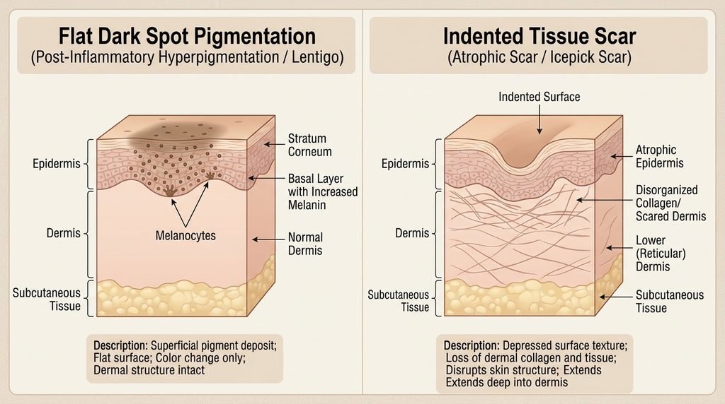 Side-by-side skin diagram comparing flat surface dark spots to deep textural acne scars.
