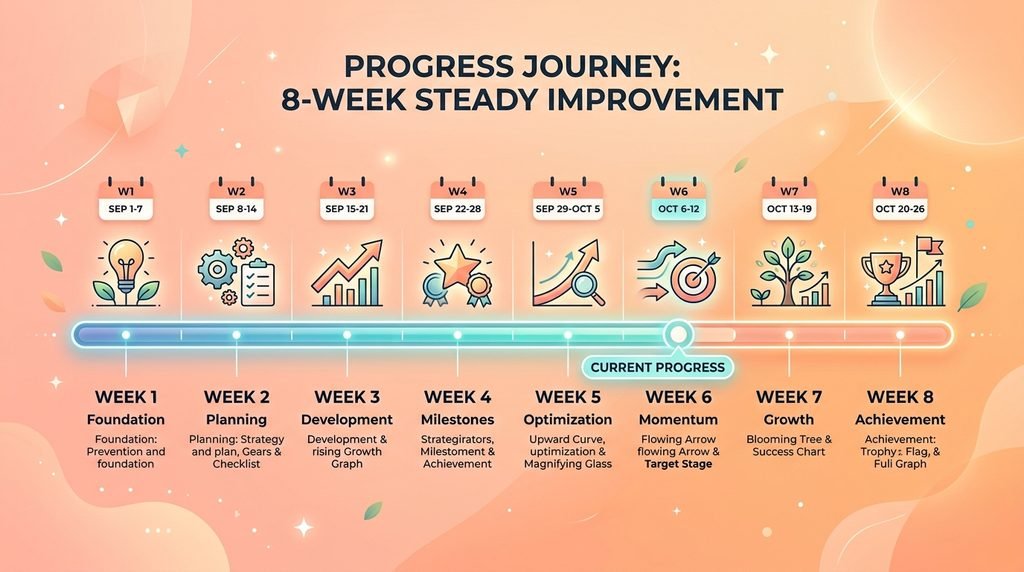 Horizontal timeline graphic showing 8 to 12 week skincare progress milestones.