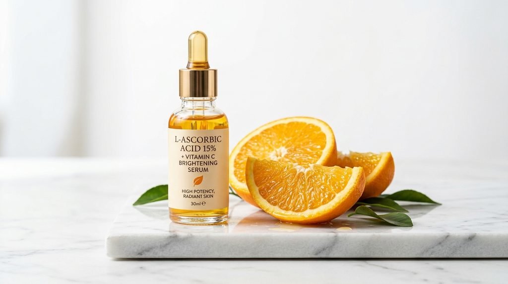 Amber serum bottle next to a fresh orange slice on white marble,