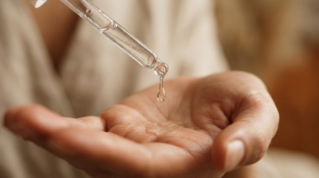 Glass pipette dispensing a drop of clear brightening serum in landscape orientation.