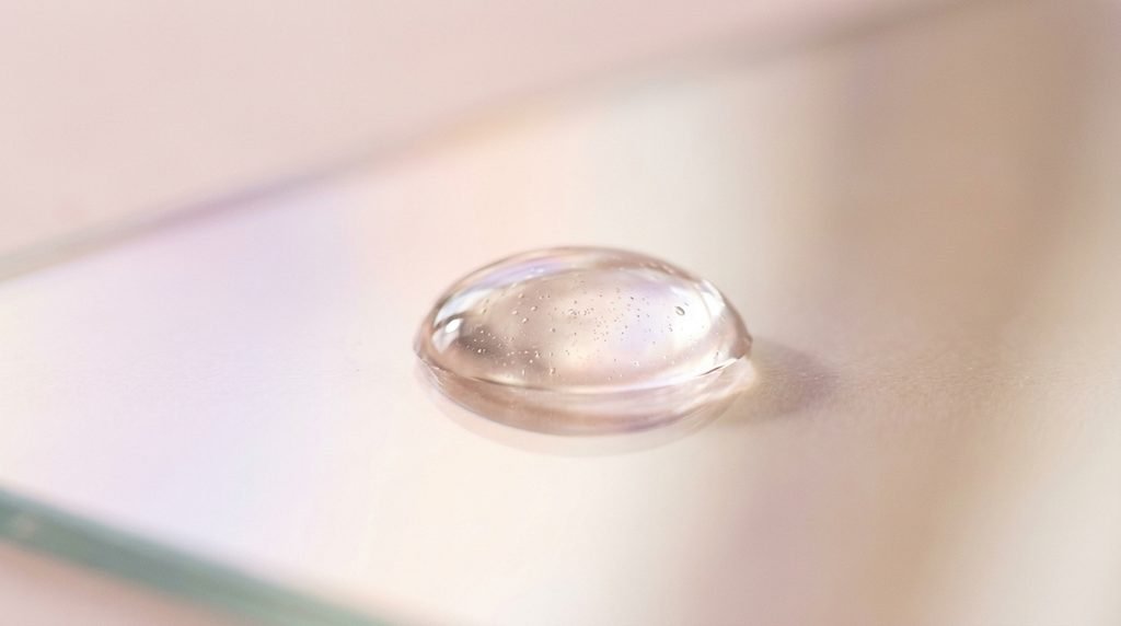 Clear cosmetic serum droplet on smooth glass surface illuminated by soft light.