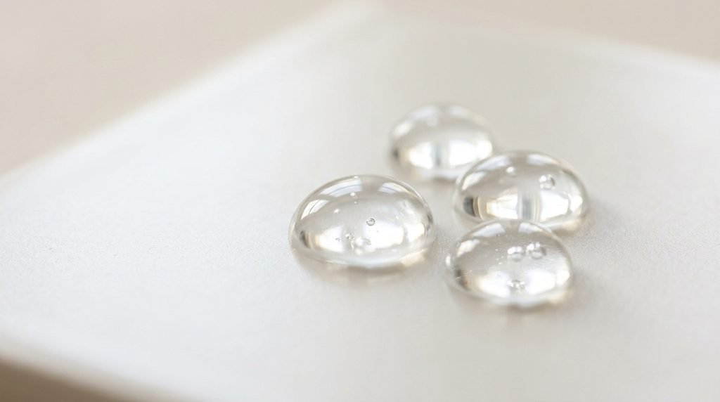 Clear cosmetic serum droplets resting on a smooth beige surface under bright lighting
