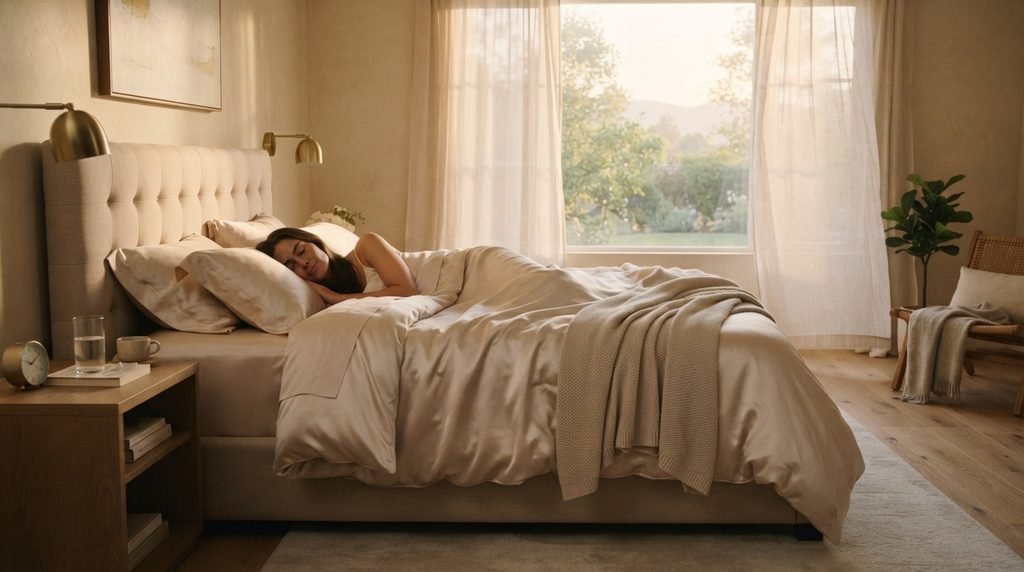 Sunlight streaming over clean silk bedding during early morning sunrise.
