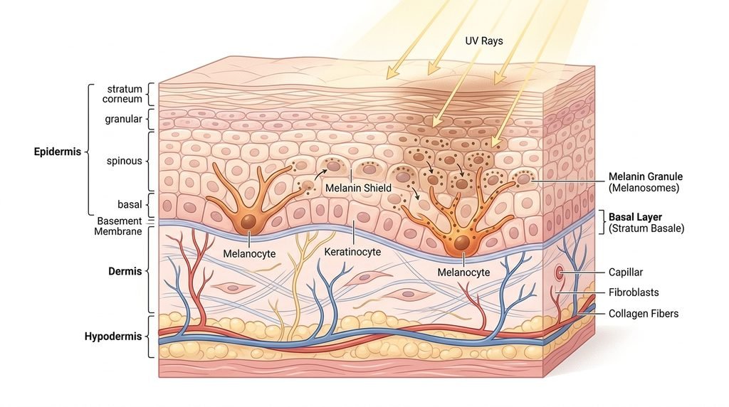 Diagrammatic illustration of skin cell layers showing pigment production pathways,