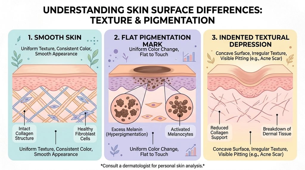 Conceptual diagram illustrating skin surface layers with surface dark spots and indented tissue.