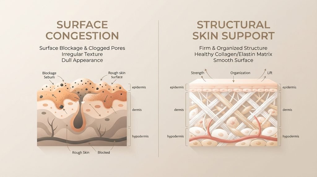 Visual illustration comparing clogged pore congestion with structural pore openings
