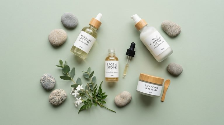 Top-down flat lay of minimalist skincare serums and dropper bottles on a sage green surface.