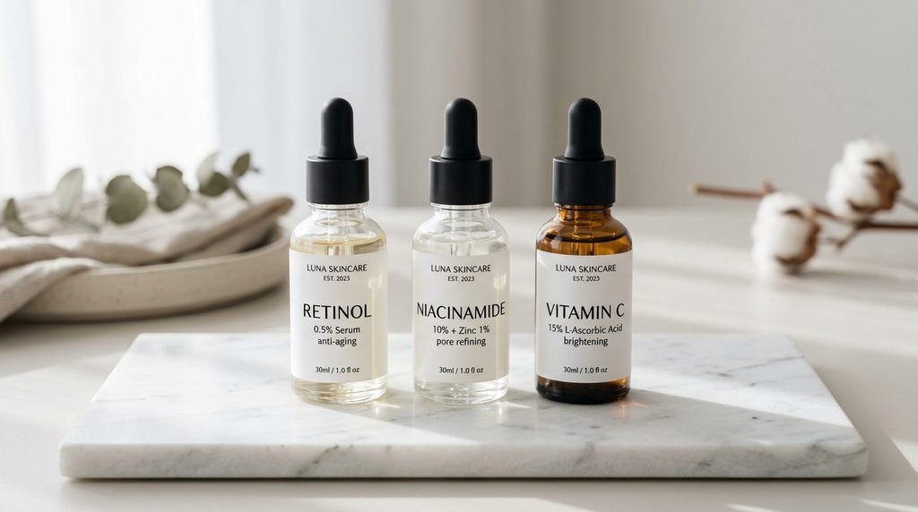 Dropper serum bottles arranged on white marble representing key skin brightening ingredients.