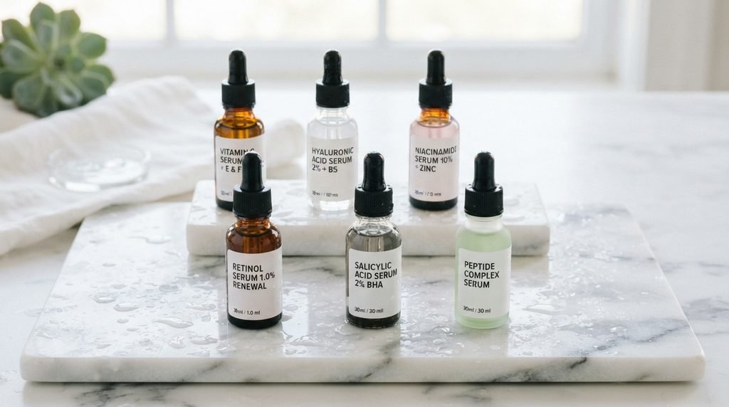 Glass skincare serum bottles with droppers arranged on a white marble slab