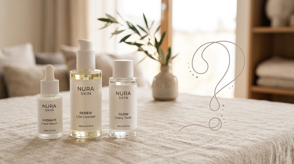 Skincare bottles next to clean question mark line icons