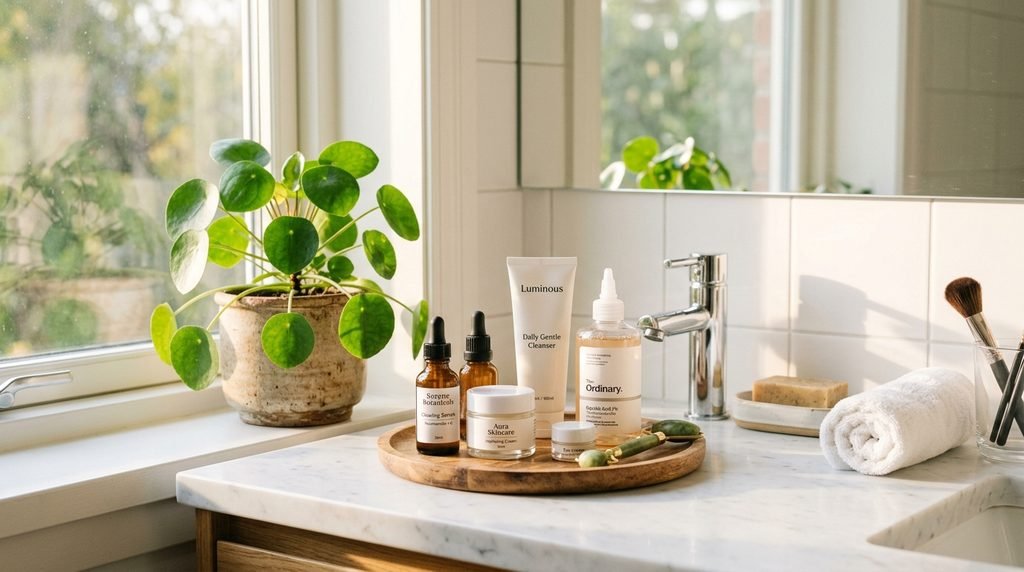 Skincare products arranged cleanly on a bright bathroom counter bathed in morning light.