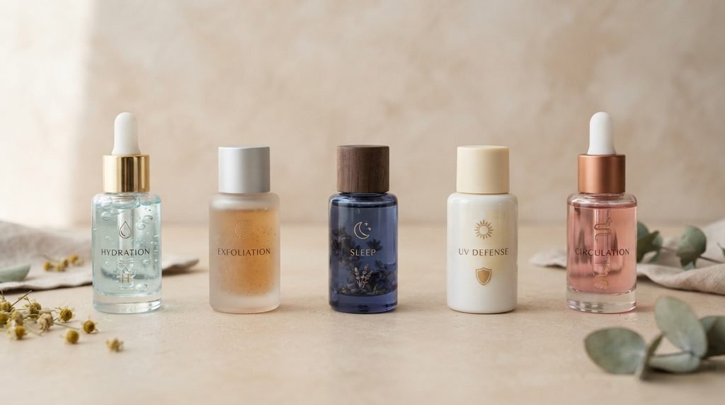 Five minimalist skincare vials arranged neatly on a smooth light-colored surface.