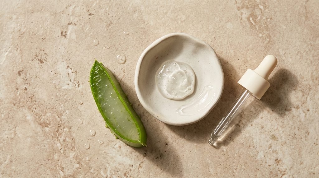Flat lay of skincare ingredients including serum dropper and aloe vera on beige stone.