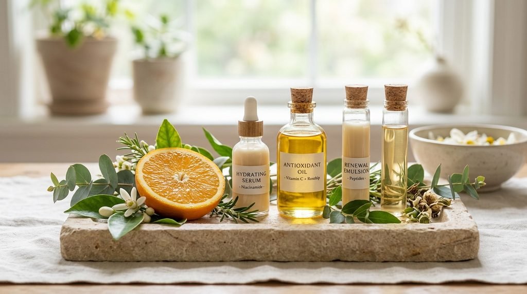 Skincare ingredients including orange slices and serum vials on a stone background.