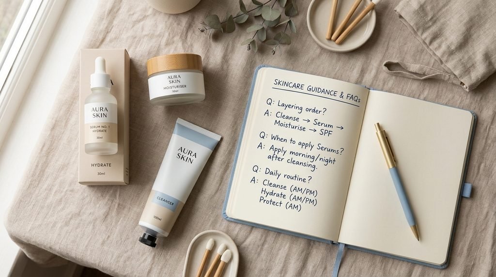 Minimalist skincare bottles arranged next to an open notebook on a clean table setting.