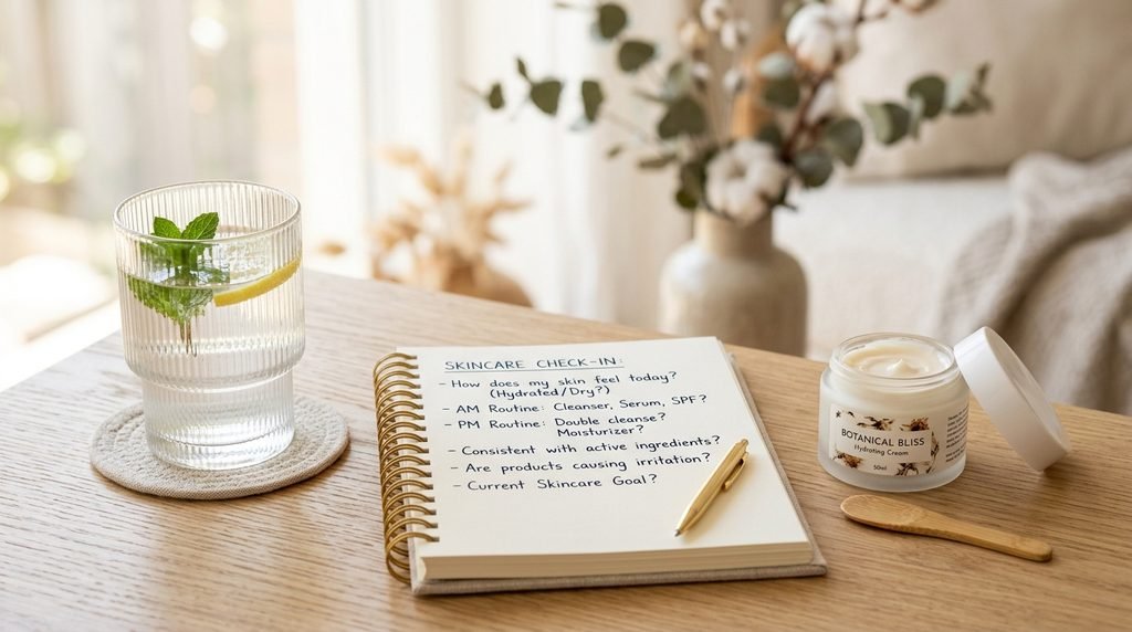 Clean aesthetic workspace setup with a skincare notepad and facial cream jar.