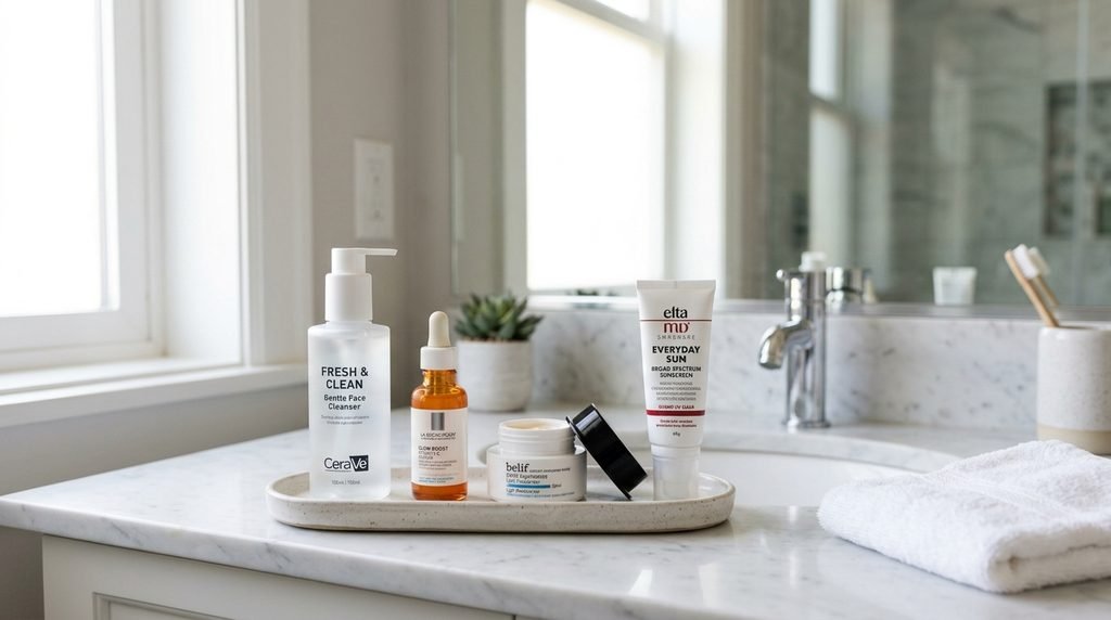 Sequential skincare routine products neatly lined up on a bright marble counter,