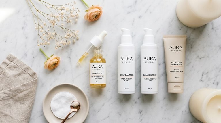 Skincare serums and broad-spectrum sunscreen arranged on a light marble surface
