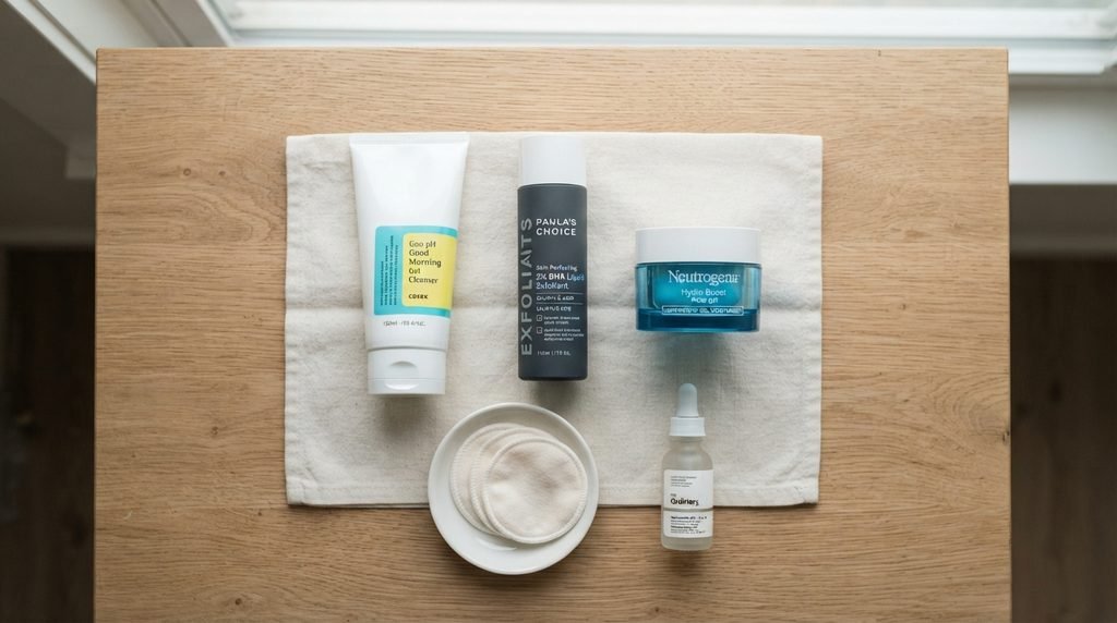 Flat lay of daily skincare products arranged neatly on a light wood surface