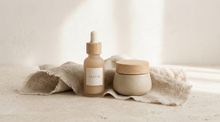 Skincare serum bottle and moisturizer cream jar on a clean, neutral background