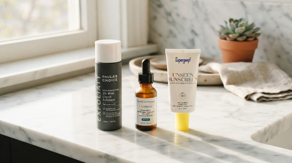 Three minimalist skincare product bottles lined up on a marble countertop.