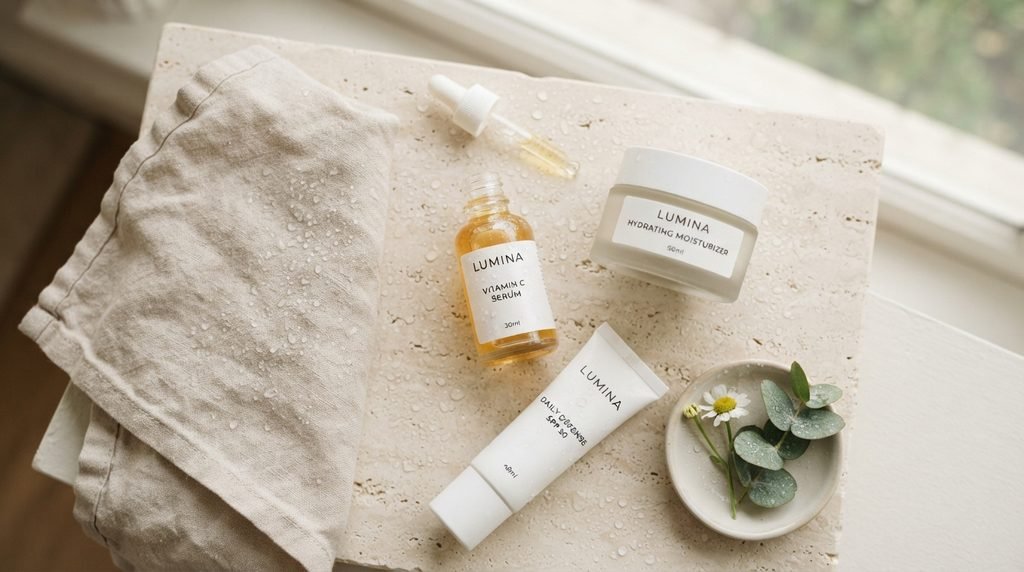Skincare flat-lay featuring a Vitamin C dropper bottle and linen towel on stone.