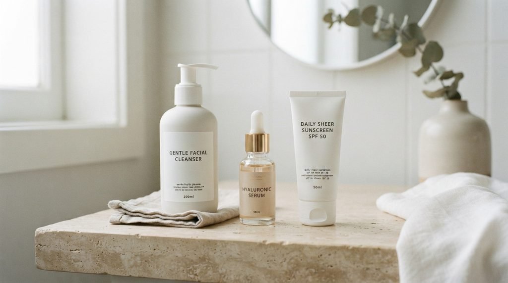 Minimalist skincare products arranged on a stone surface under bright natural light