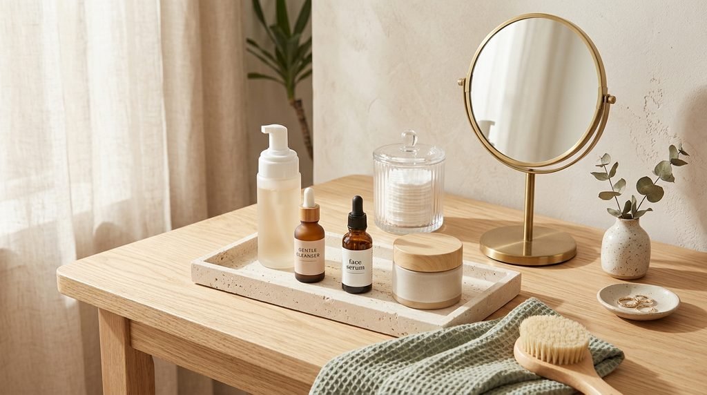 Skincare vanity setup with mirror, skincare products, and cotton pads in daylight.