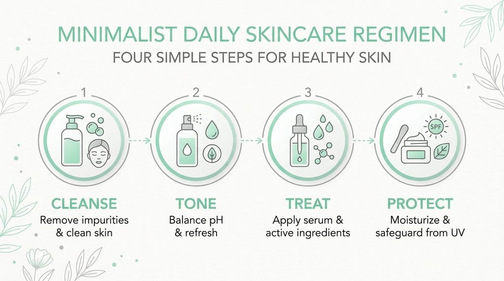 Conceptual graphic illustration of four sequential skincare steps presented on a clean background.
