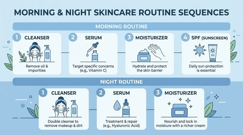 Informational diagram illustrating a four-step skincare routine sequence for morning and night.