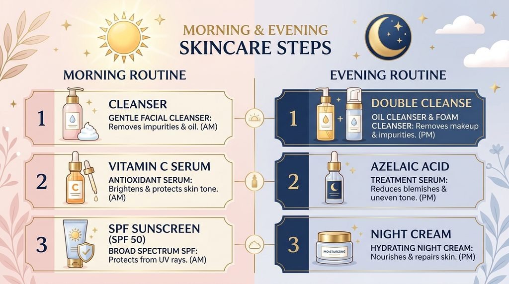 Graphic layout illustrating morning and evening skincare steps side