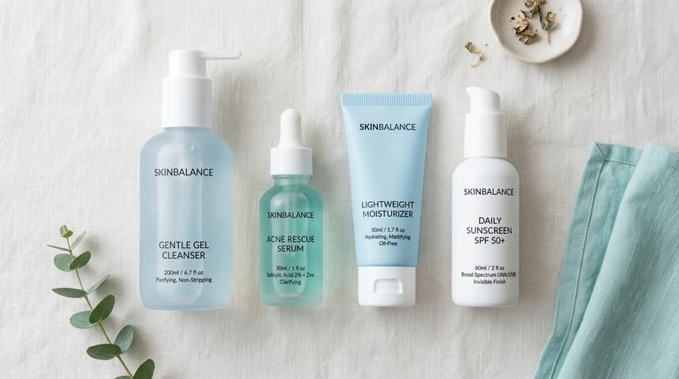 Four minimalist skincare product bottles lined up neatly on a clean pastel surface