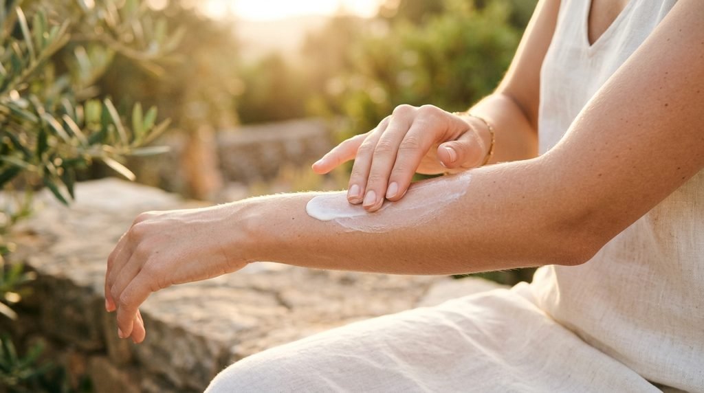 Application of broad-spectrum sun cream on skin illuminated by natural sunlight