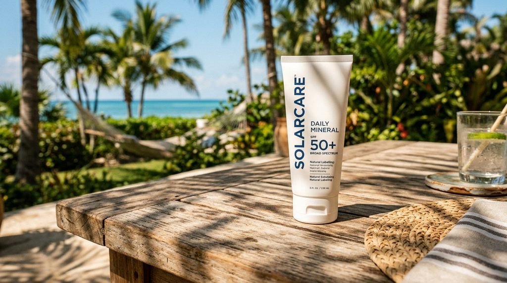 Sunscreen tube on a sunlit table with palm leaf shadows