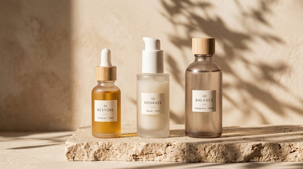 Three minimalist glass cosmetic bottles arranged in warm natural sunlight.